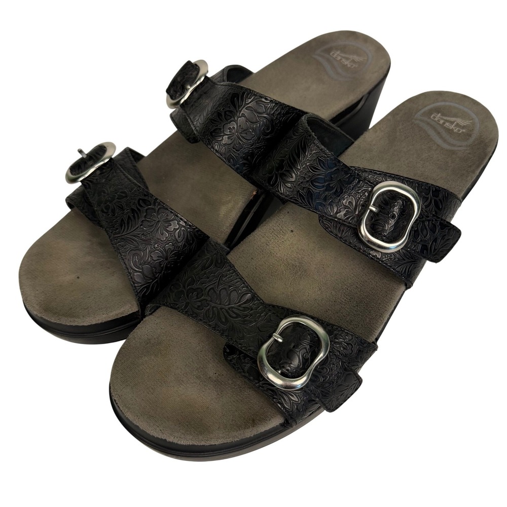 Dansko Women's‎ Size 11 Embossed Leather Double Strap Wedge Black Sandals